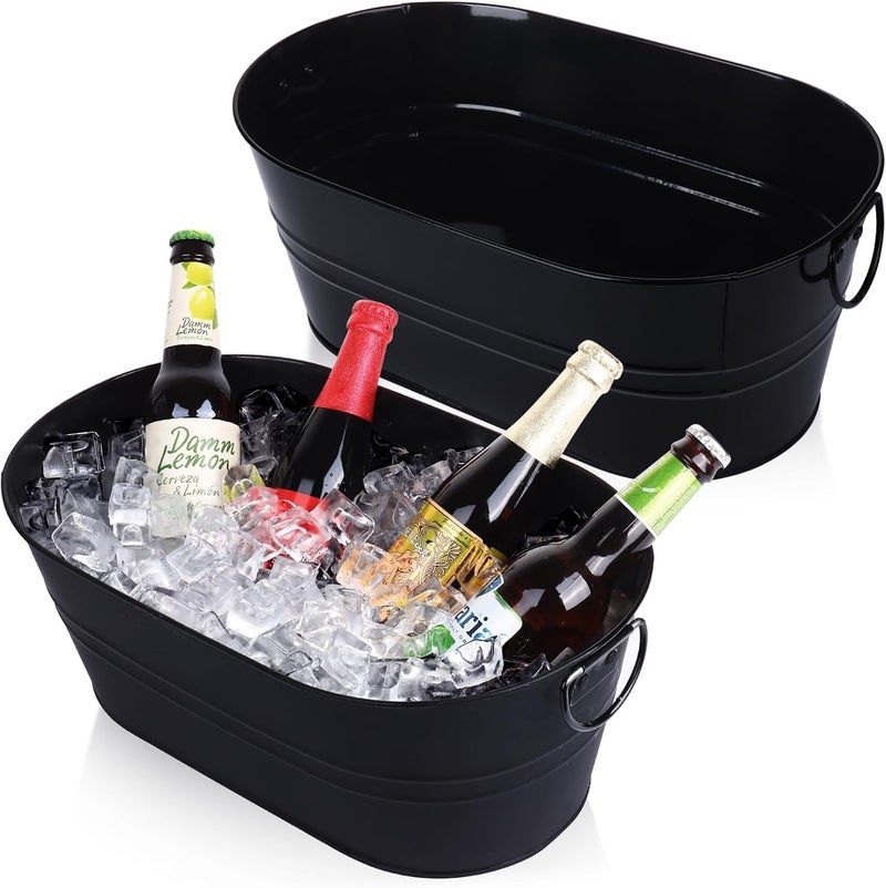 tchrules Galvanized Tub Beverage Tubs, 2pcs Metal Ice Buckets for Cocktail Bar 3 Gallon Wine Beer Drink Buckets with Handles Large Tub Cooler Mimosa Bar Supplies Ice Bucket for Parties 15x9.6x6inch (Black) - Image 1